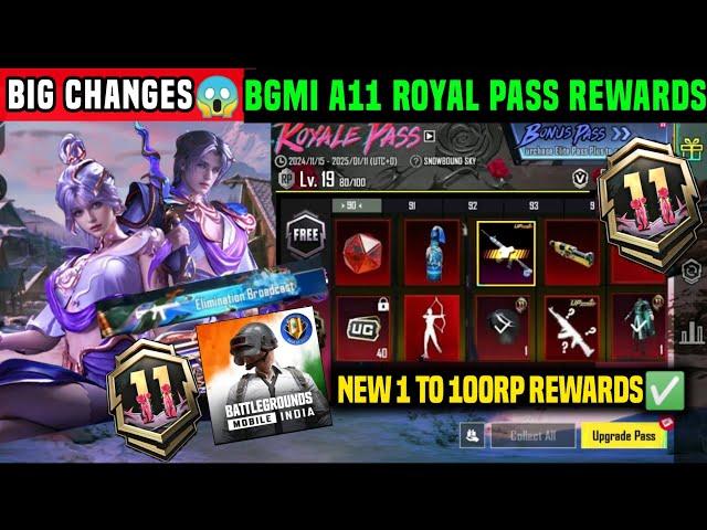 BGMI NEW ROYALE PASS A11/ BGMI A11 ROYAL PASS 1 TO 100 RP REWARDS/ A11 RP KAB AAYEGA A11 BONUS PASS