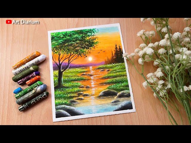 Sunset Nature Scenery Drawing with Oil Pastel | Step-by-Step Tutorial