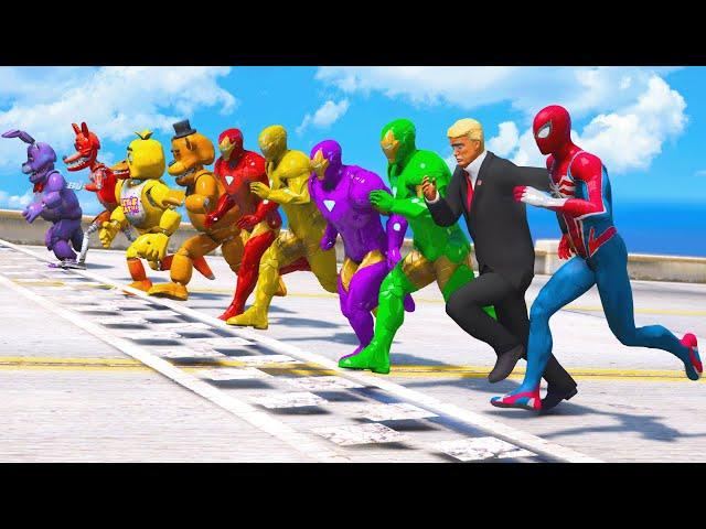 IRON-MAN COLOR VS FNAF WITH DONALD TRUMP IN SPIDER MAN SUPERHEROES Running Event on The Sea #1081