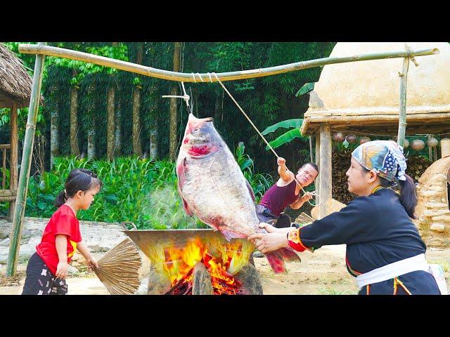 Dwarf Family Catches Giant Fish In The Wild | Cooking Fish In Giant Pan And Renovate The Garden