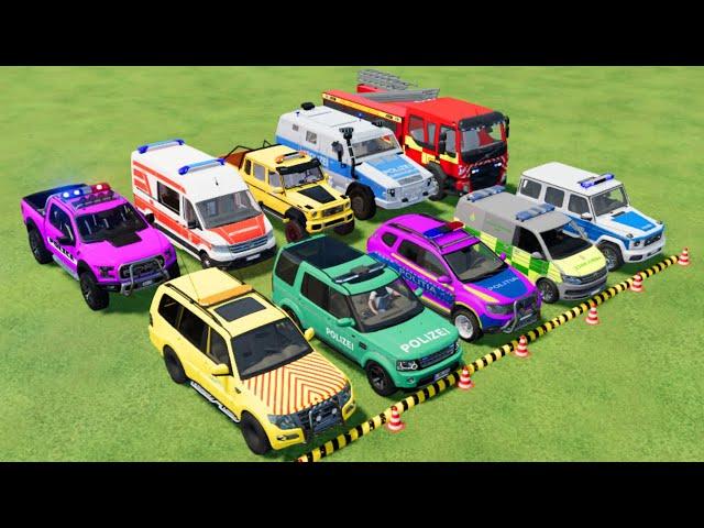 TRANSPORTING POLICE CARS, AMBULANCE, FIRE TRUCK, COLORFUL CARS WITH TRUCK  -FARMING SIMULATOR 22!