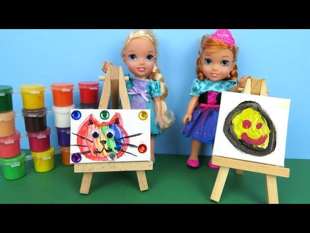 Elsa and Anna toddlers at art class - Barbie is teacher - Paintings - Colors