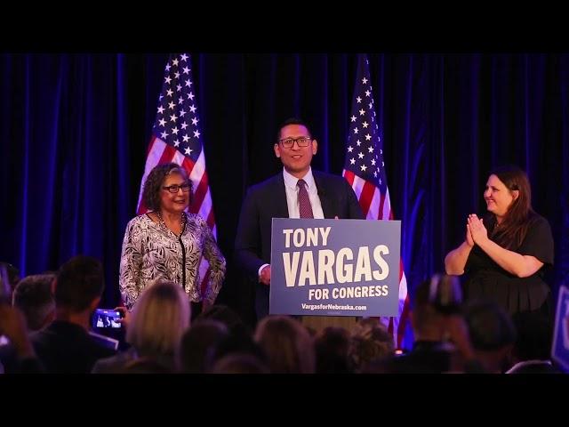 State Sen. Tony Vargas speaks to supporters at election night watch party