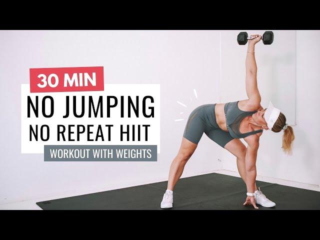 30 MIN NO JUMPING HIIT WORKOUT | No Repeat | +Weights