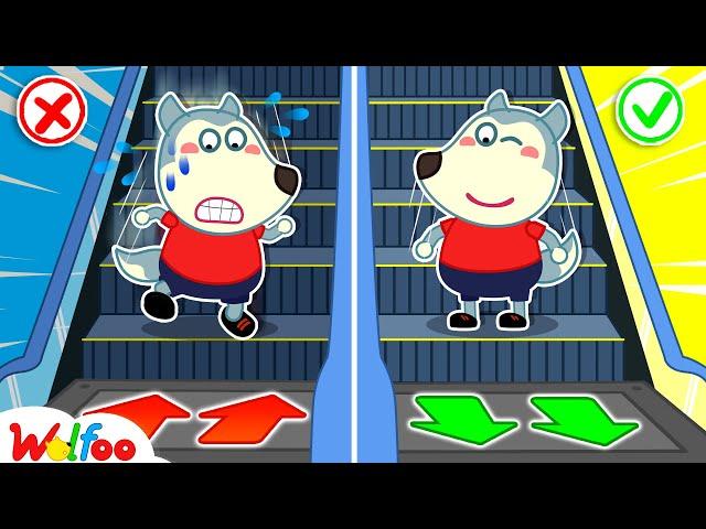 Up or Down? Be Careful At The Escalator - Elevator & Escalator Safety Tips @WolfooCanadaKidsCartoon