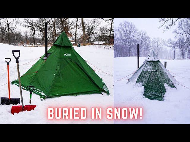 Hot Tent Winter Camping in Snow Storm | First Hot Tent Overnighter in Snow Storm