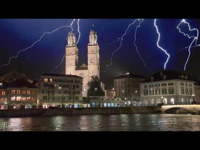 Zurich Lightning ️ Storm ️ Night Walk Heavy Rain ️ 4K Walking Tour Summer Switzerland