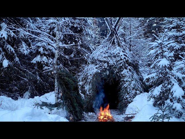 Christmas in Forest.Building a Wiсkiup. Outdoor Cooking. Survival Skills.Bonfire Inside The Shelter.