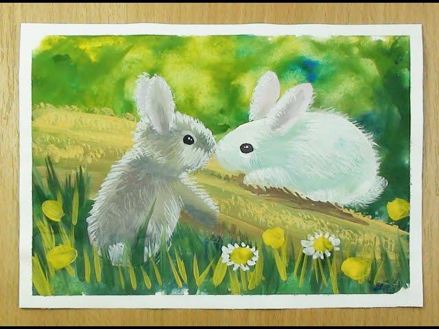 Rabbit drawing. How to draw cute rabbits with gouache is easy. Step by step drawing for beginners