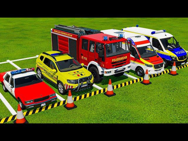 TRANSPORTING POLICE, AMBULANCE, TESLA, CHEVROLET CARS & VOLKSWAGEN POLICE ! Farming Simulator 22