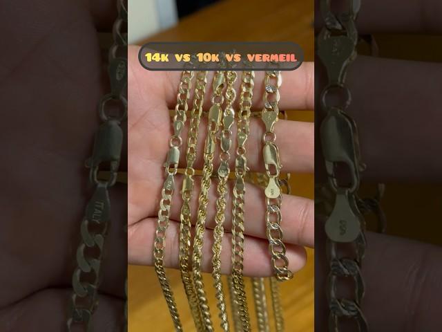 14k solid gold vs 10k solid gold vs vermeil #10kgold #14k #cubanlink #ropechain #goldjewellery