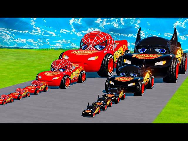 Big & Small SPIDERMAN McQueen vs Big & Small BATMAN McQueen vs Thomas Trains | BeamNG.drive