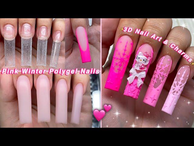 PINK WINTER POLYGEL NAILS EASY POLYGEL APPLICATION & 3D NAIL ART CHARMS DESIGN! | Nail Tutorial