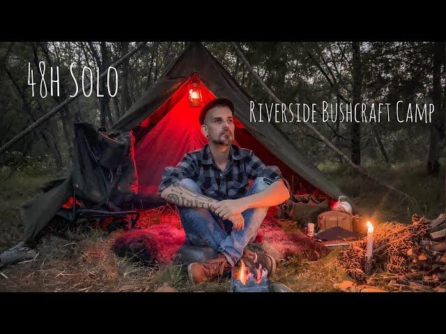 48h Solo Riverside Bushcraft Camp / Lavvu, LK-35, Cooking, Candleholder, Mountain Panorama, ASMR