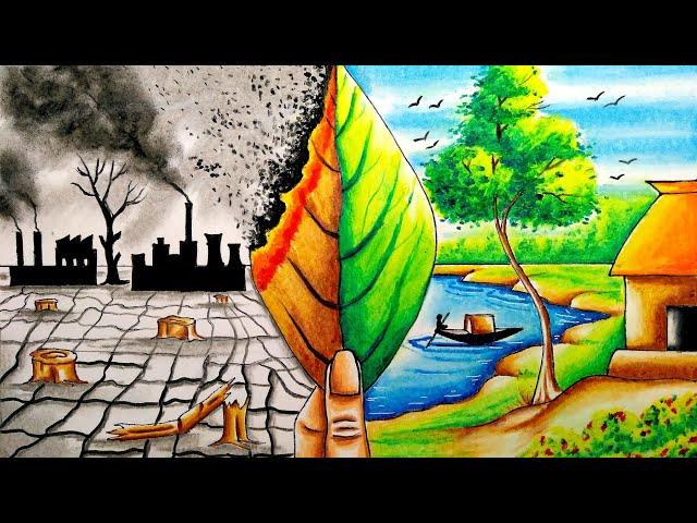 global warming drawing / environment day drawing/save environment poster/pollution drawing easy