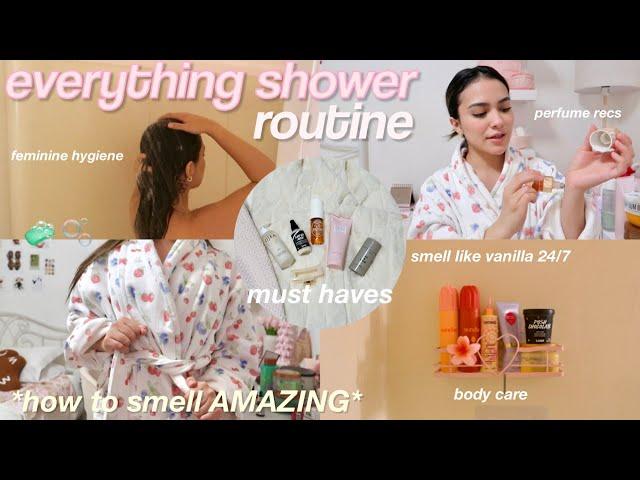 my EVERYTHING shower routine 🫧 tips to smell good all day, vanilla body care, feminine hygiene