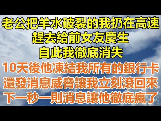 （完結爽文）老公把羊水破裂的我扔在高速，趕去給前女友慶生，自此我徹底消失，10天後他凍結我所有的銀行卡，還發消息威脅讓我立刻滾回來，下一秒一則消息讓他徹底瘋了！#情感幸福生活#出軌#家產#白月光#老人