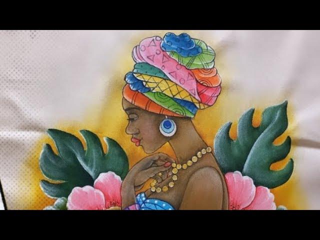 Pintura de mulher negra, com colar, turbante coloridos, flores e folhas.