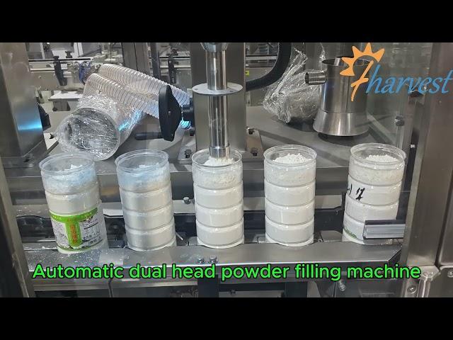 #Automatic dual head plastic can #powder filling machine, #Protein powder bottle filler equipment