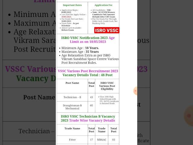 ISRO VSSC Vacancy 2023 || # #short #isro #isrojob #shorts