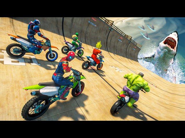 Spiderman and Superheroes Motorcycles Ragdoll with Hungry Sharks Over Sea Ep.463