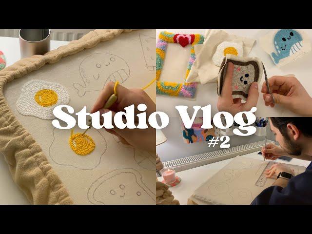 STUDIO VLOG #2  a chill day with me, new punch needle picture frame, bread & egg coasters