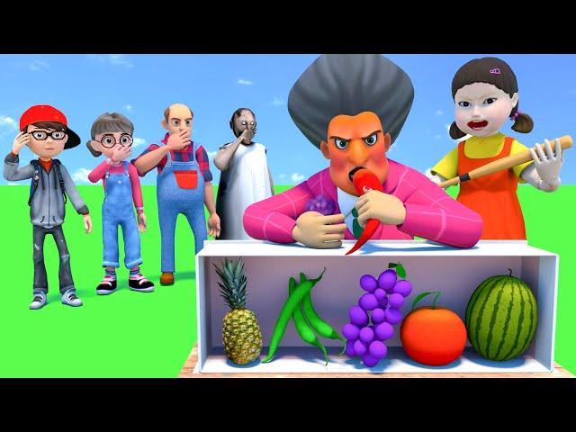 Scary Teacher 3D vs Squid Game Choose Correct Favorite Fruits Flavor 5 Times Challenge