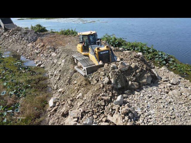 Amazing road building mighty machines bulldozer pushing rock and soil-truck unloading rock and soil