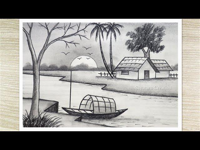 Beautiful Sunset Nature drawing pencil, Pencil drawing for beginners