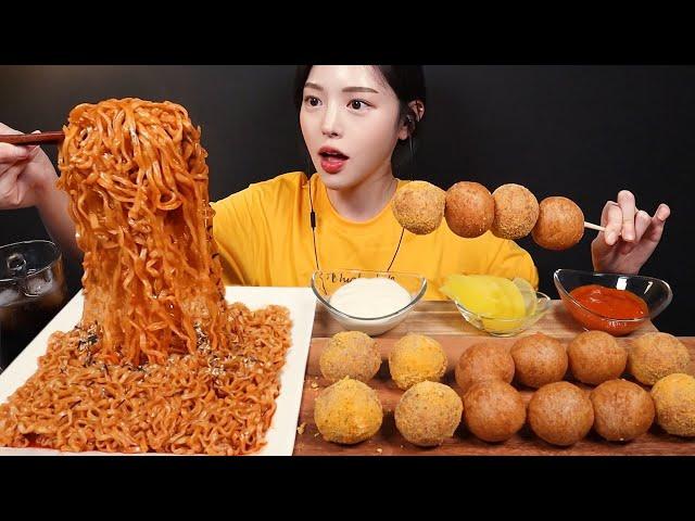 SUB)Crispy Cheeseballs With Spicy Buldak Noodles Mukbang Asmr