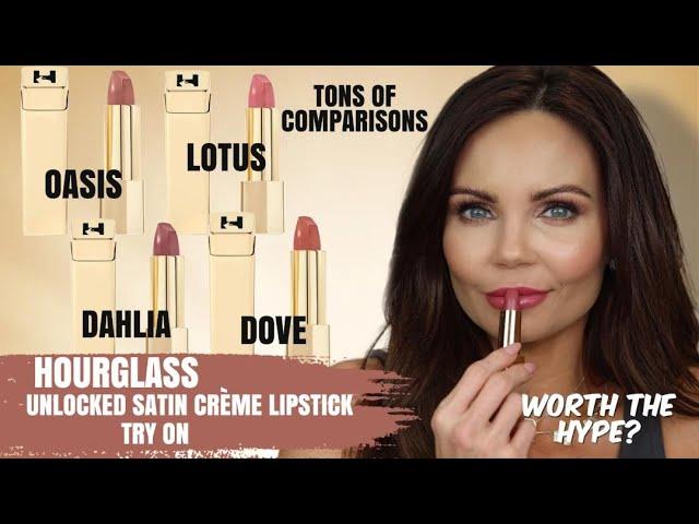 HOURGLASS UNLOCKED SATIN CREME LIPSTICKS TRY ON | SHADES OASIS, DOVE, LOTUS & DAHLIA | COMPARISONS