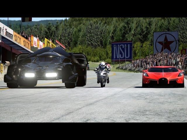 Kawasaki Ninja H2 vs Batmobile vs Bugatti La Voiture Noire at Old SPA