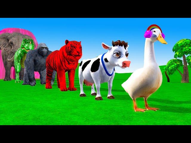 Paint & Animals Cow,Tiger,dinosaur,Duck,Elephant Fountain Crossing Transformation Animal Cartoon