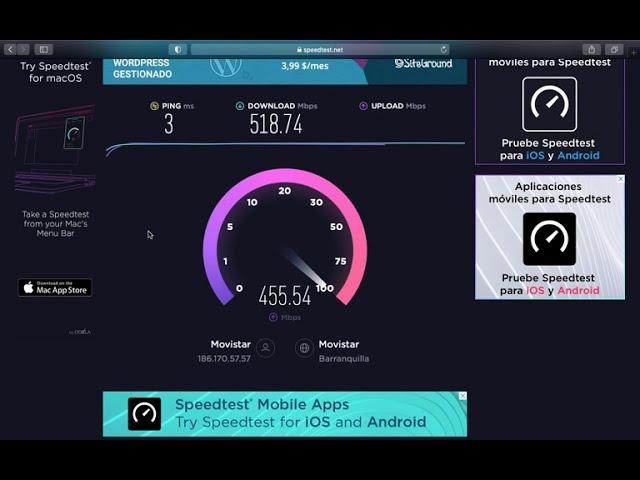 Speedtest Movistar Colombia Fibra Óptica 500 Megas Simétricas