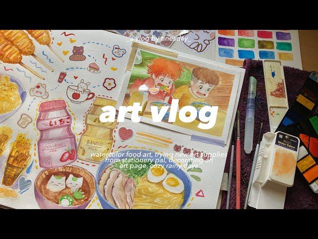 art vlog  watercolor food art, trying new art supplies from stationery pal, cozy rainy days 