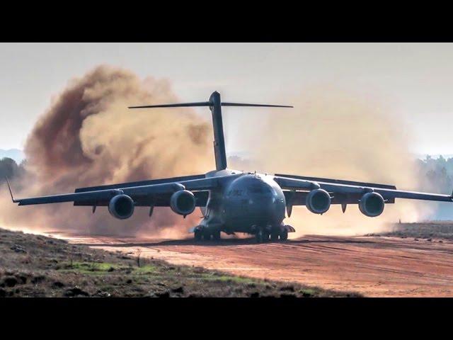 C-17 Dirt Airstrip Landing & Takeoff, Unloads AH-64.