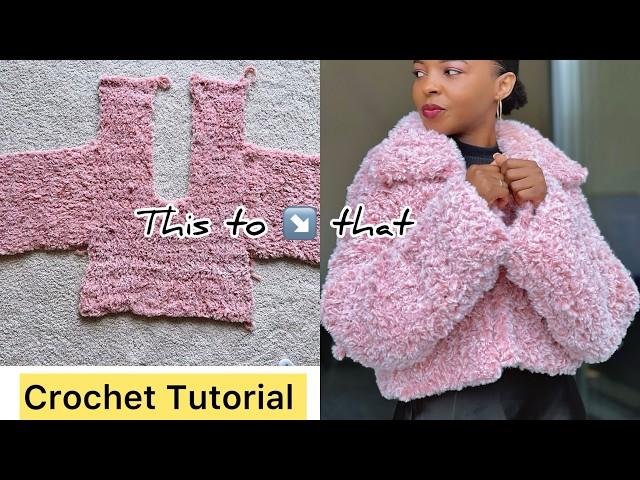 EASY  and FAST  Crochet Coat Using Fuzzy/Furry /Faux Fur Yarn -  Cardigan With Collar  XS-XXXL