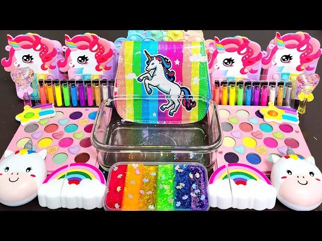 ASMR UNICORN RAINBOW Slime Mixing Makeup,Parts, Glitter Into Slime!#ASMR#satisfying#slime