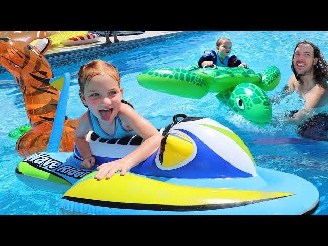 FAMiLY POOL PARTY!!  Adley & Niko Water Slide on inflatable Animals! Swimming in new AforAdley merch