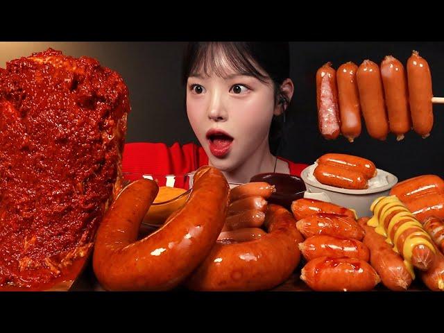 Giant Buldak Kielbasa Sausage & Cheese Frankfurter Mukbang Asmr