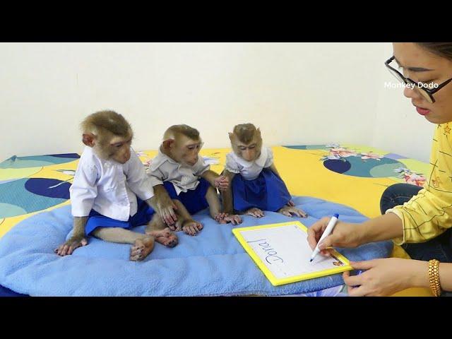 Three Adorable Very Patient  When Learn To Write Their Name With Mom In English