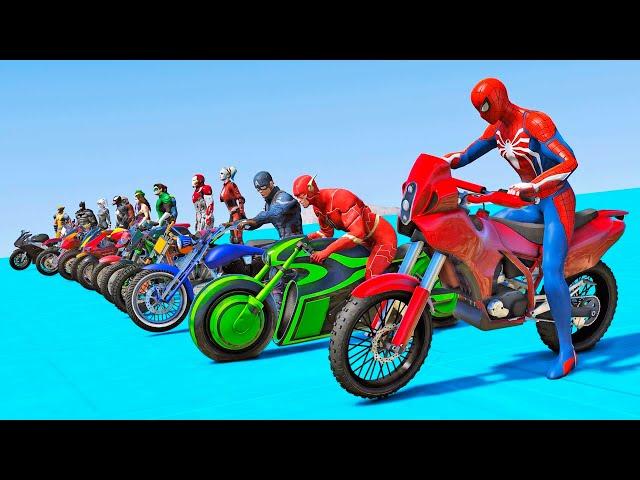 MOTOS COM HOMEM-ARANHA e HERÓIS! DESAFIO COM MOTOS E HERÓIS NA RAMPA DO HULK - GTA V