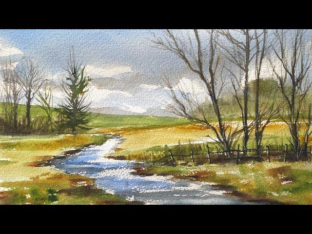 BEGINNERS WATERCOLOR RIVER TREES & HILLS, Paint A LOOSE Watercolour Landscape PAINTING DEMO Tutorial