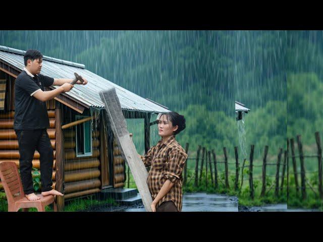 A rainy day building a house with bamboo, keeping the water tank clean