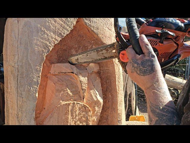 chainsaw carving an old cedar wedge - Owl in a nook. #1