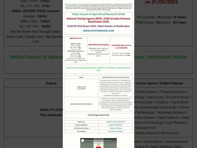NTA Indian Council of Agricultural Research Admissions 2025 |  Govformhub #shortsfeed #nta