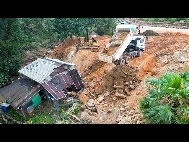 Incredible! Land filling 10 Wheels Trucks Unloading & Dozer D41P Pushing Rocks into the Farm House