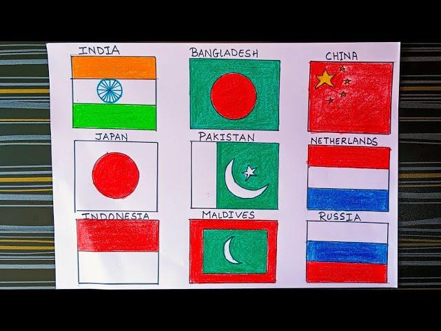 How to Draw Flags| India, Bangladesh, China, Japan, Pakistan Flag, Russia Flags Drawing & colouring