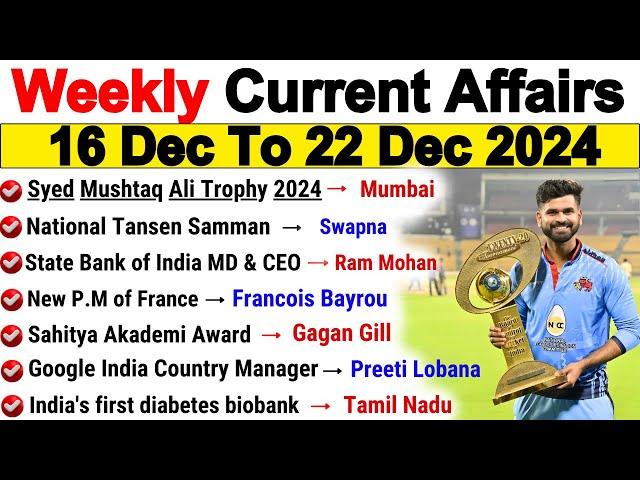 16th December to 22nd December 2024 | December 2024 Weekly MCQ | Important Current Affairs 2024