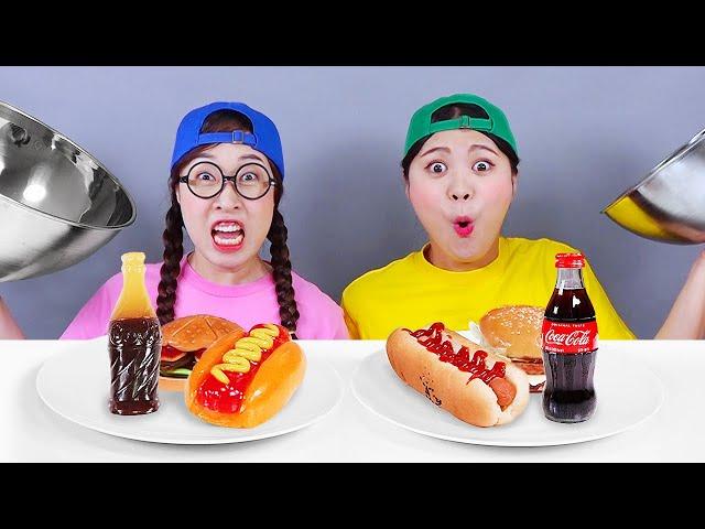 REAL FOOD VS GUMMY CHOCOLATE FOOD CHALLENGE 젤리 초콜릿 챌린지 DONA 도나